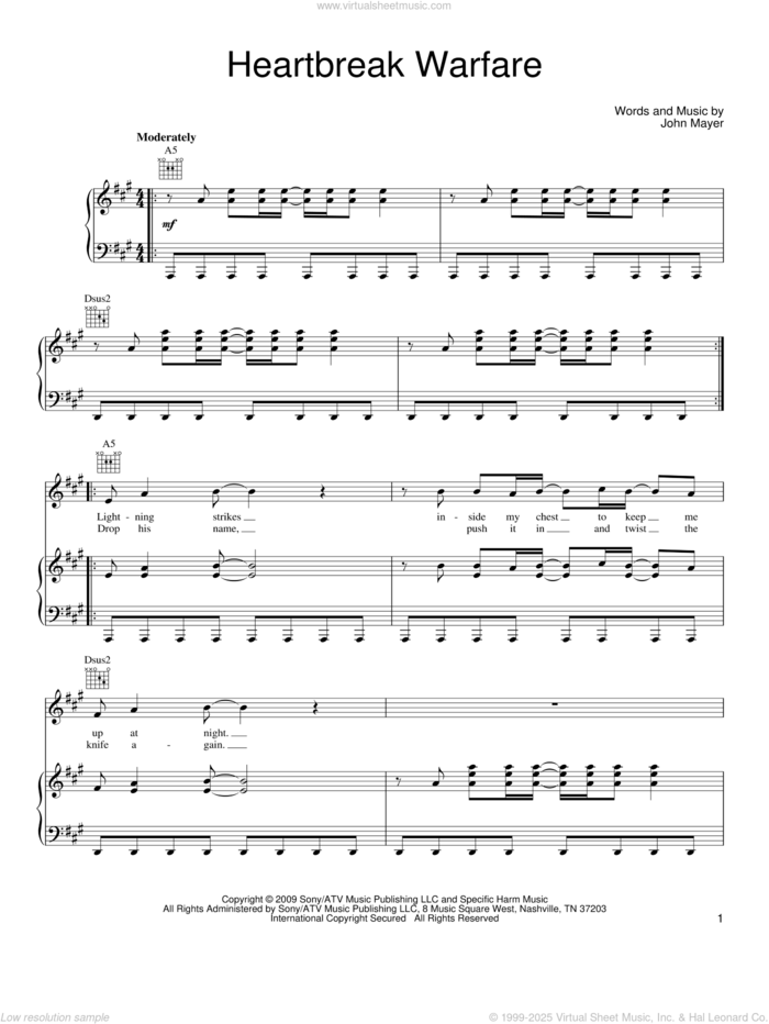 Heartbreak Warfare sheet music for voice, piano or guitar by John Mayer, intermediate skill level