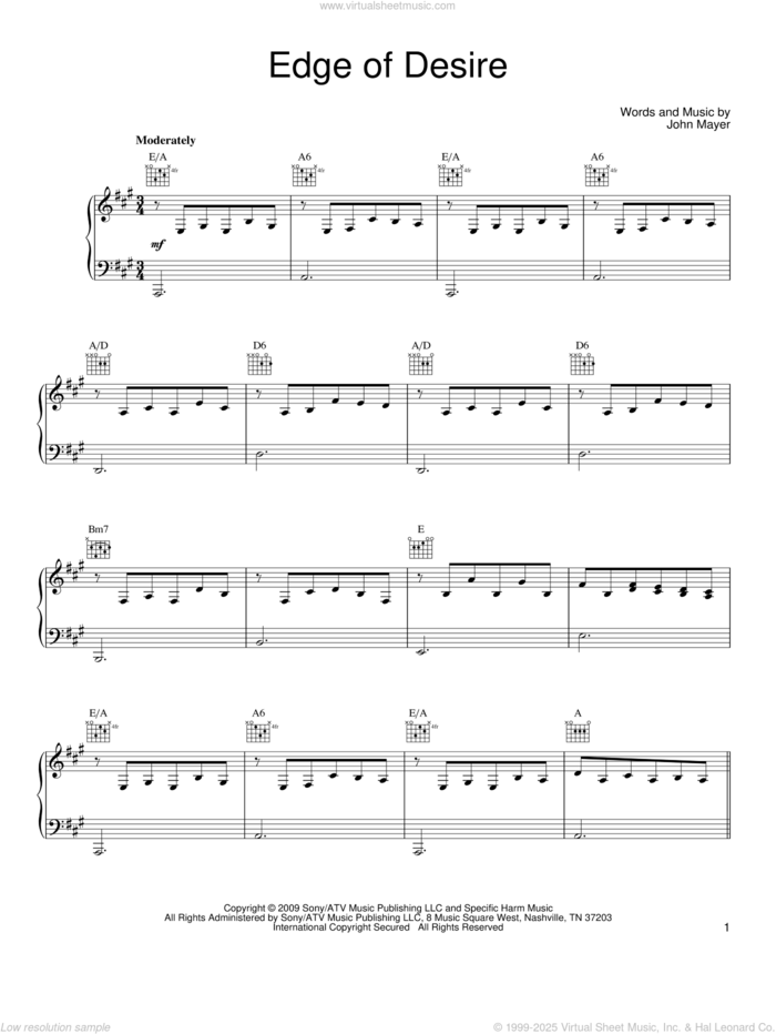 Edge Of Desire sheet music for voice, piano or guitar by John Mayer, intermediate skill level