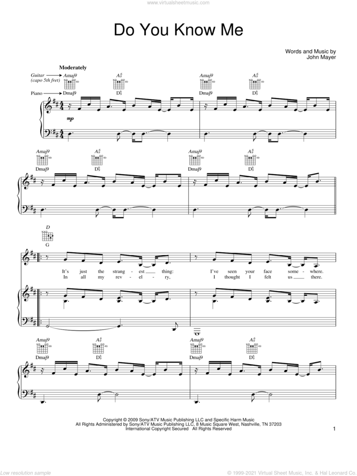 Do You Know Me sheet music for voice, piano or guitar by John Mayer, intermediate skill level