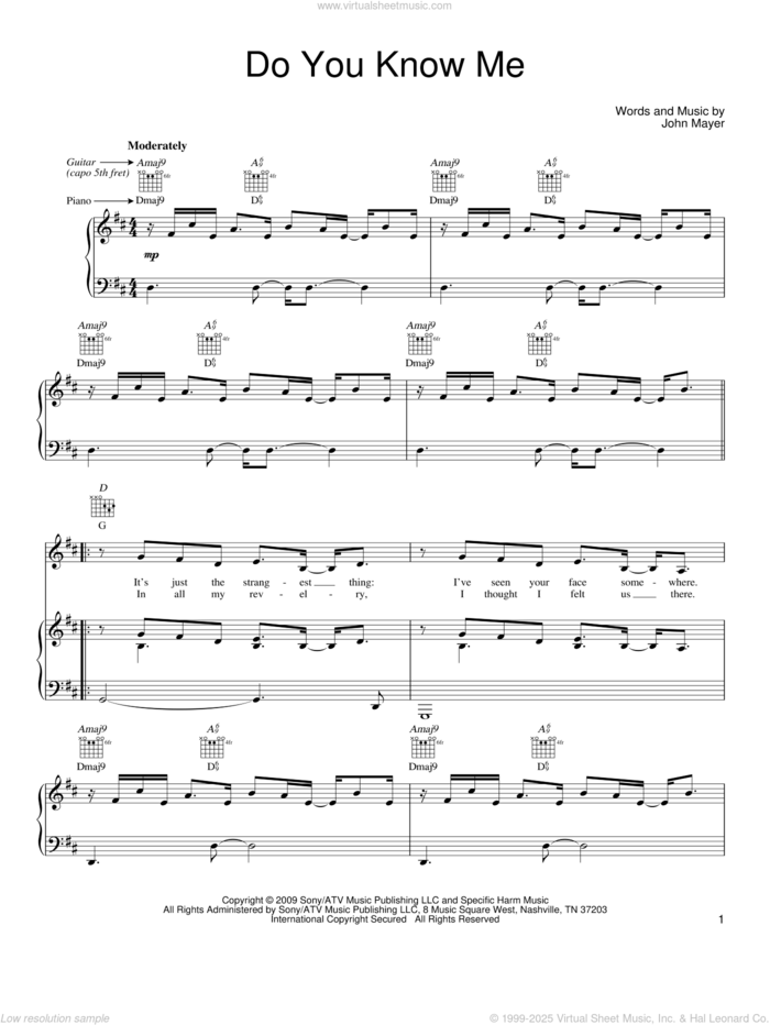 Do You Know Me sheet music for voice, piano or guitar by John Mayer, intermediate skill level