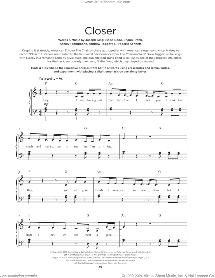 Closer (feat. Halsey) sheet music for piano solo by The Chainsmokers, Andrew Taggart, Ashley Frangipane, Frederic Kennett, Isaac Slade, Joseph King and Shaun Frank, beginner skill level