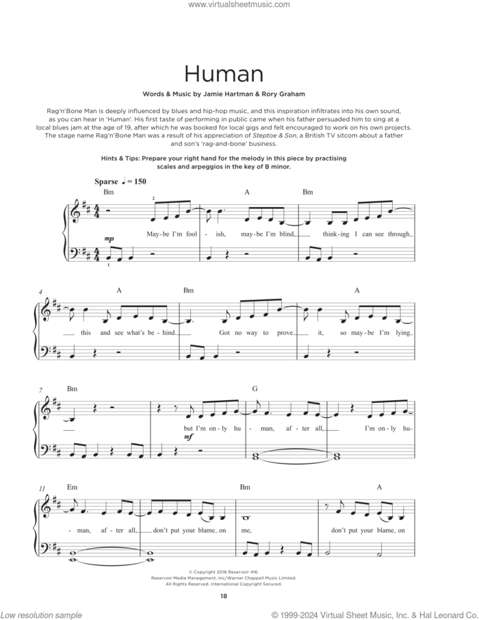Human sheet music for piano solo by Rag'n'Bone Man, Jamie Hartman, Nick Monson and Rory Graham, beginner skill level