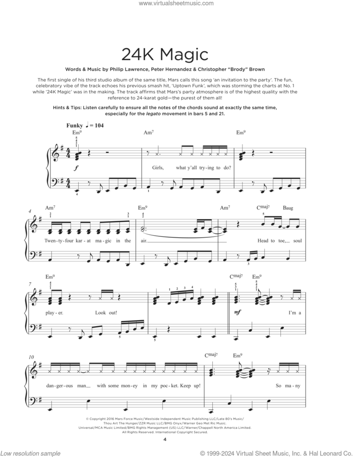 24K Magic sheet music for piano solo by Bruno Mars, Chris Brown and Philip Lawrence, beginner skill level