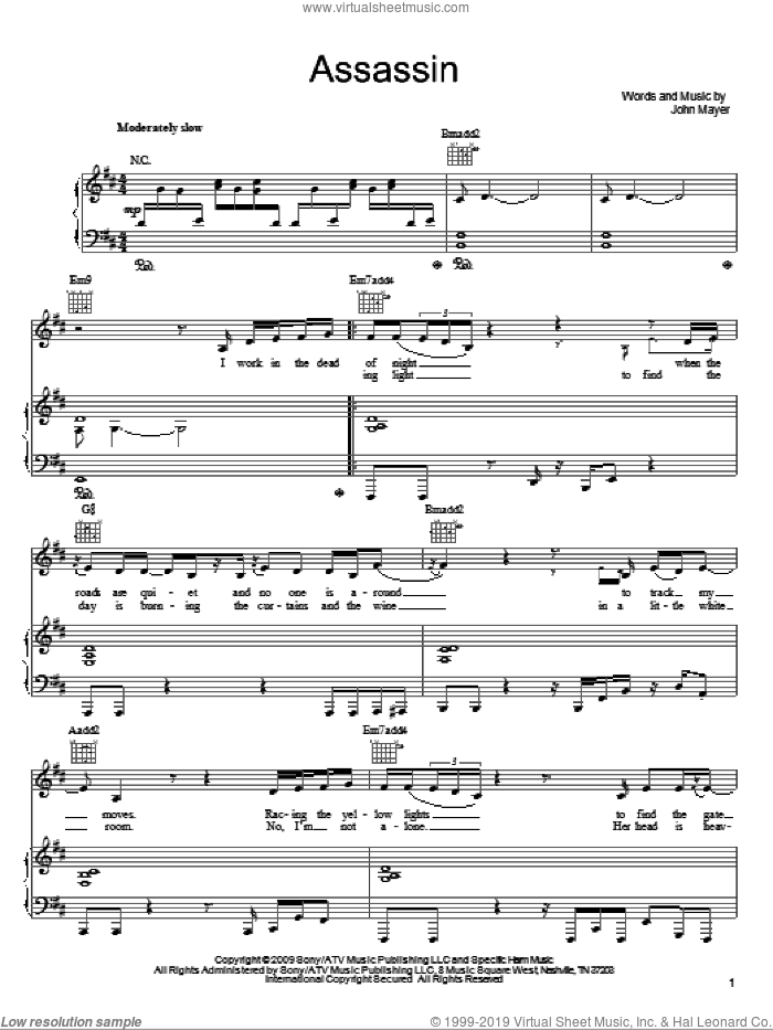 Assassin sheet music for voice, piano or guitar by John Mayer, intermediate skill level