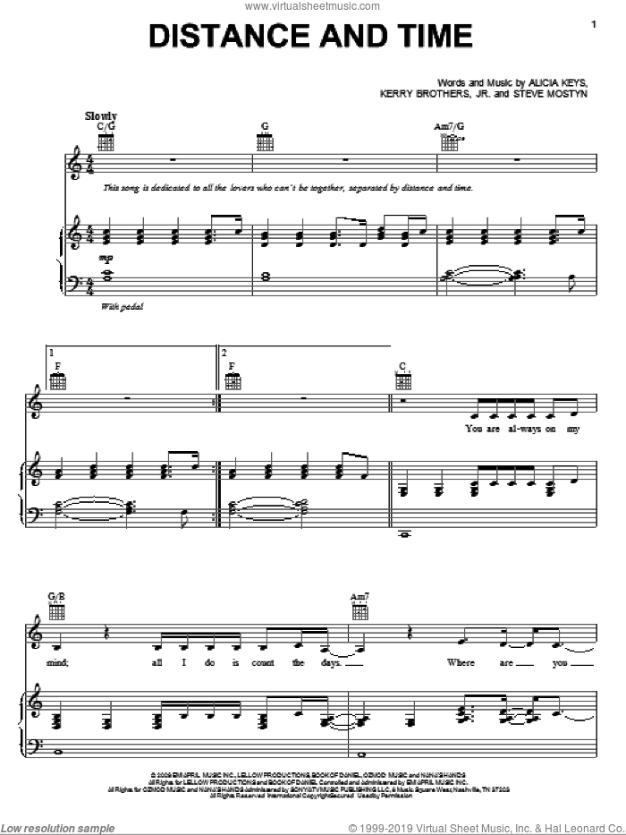 Distance And Time sheet music for voice, piano or guitar by Alicia Keys, Kerry Brothers and Steve Mostyn, intermediate skill level