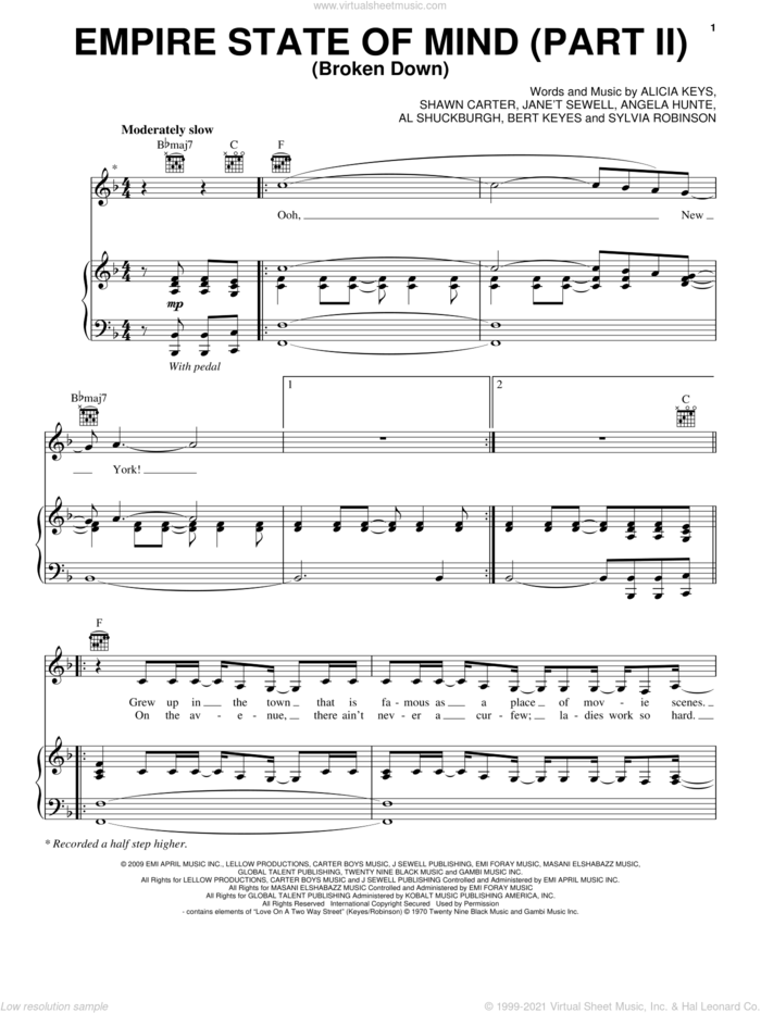 Empire State Of Mind (Part II) Broken Down sheet music for voice, piano or guitar by Alicia Keys, Al Shuckburgh, Angela Hunte, Bert Keyes, Shawn Carter and Sylvia Robinson, intermediate skill level