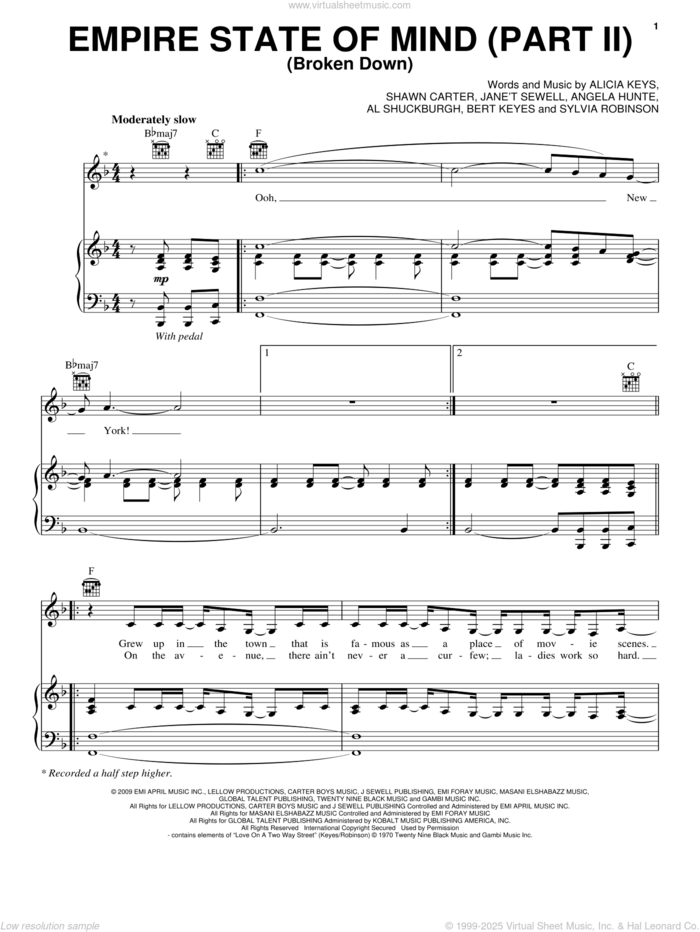 Empire State Of Mind (Part II) Broken Down sheet music for voice, piano or guitar by Alicia Keys, Al Shuckburgh, Angela Hunte, Bert Keyes, Shawn Carter and Sylvia Robinson, intermediate skill level