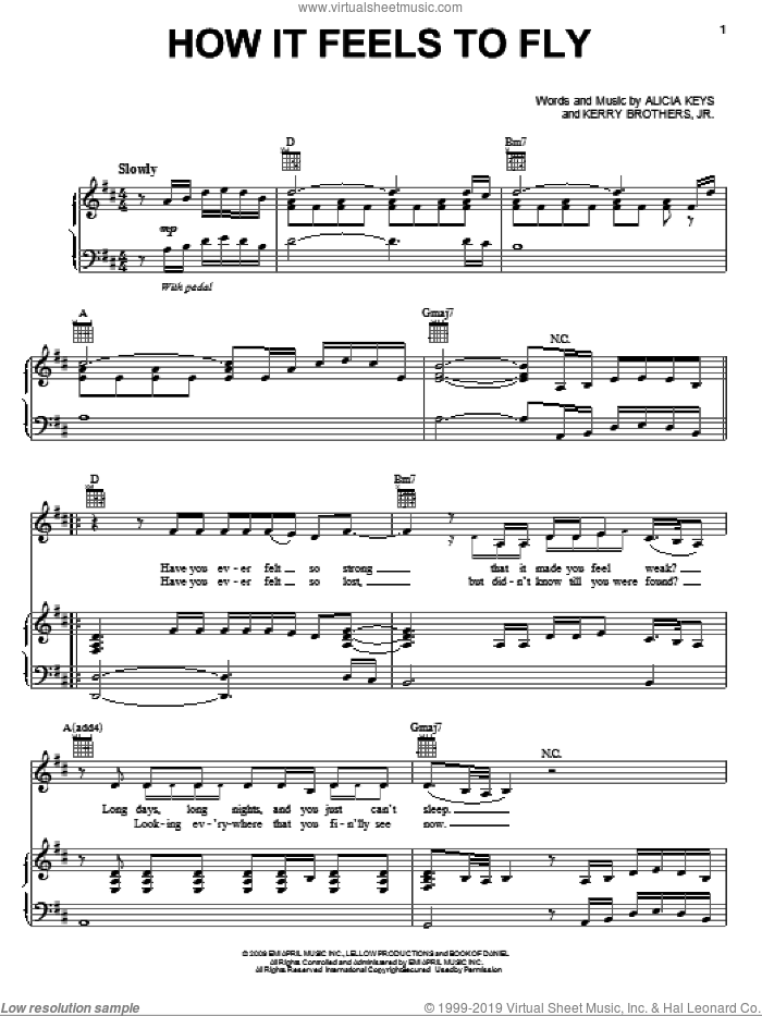 How It Feels To Fly sheet music for voice, piano or guitar by Alicia Keys and Kerry Brothers, intermediate skill level