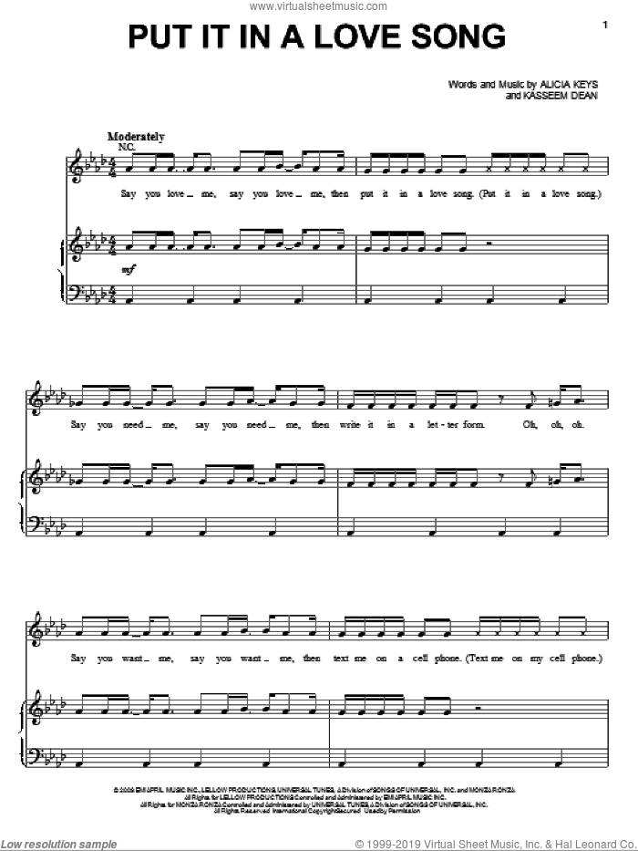Put It In A Love Song sheet music for voice, piano or guitar by Alicia Keys and Kasseem Dean, intermediate skill level