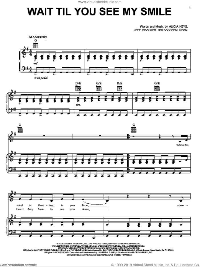 Wait Til You See My Smile sheet music for voice, piano or guitar by Alicia Keys, Jeff Bhasker and Kasseem Dean, intermediate skill level