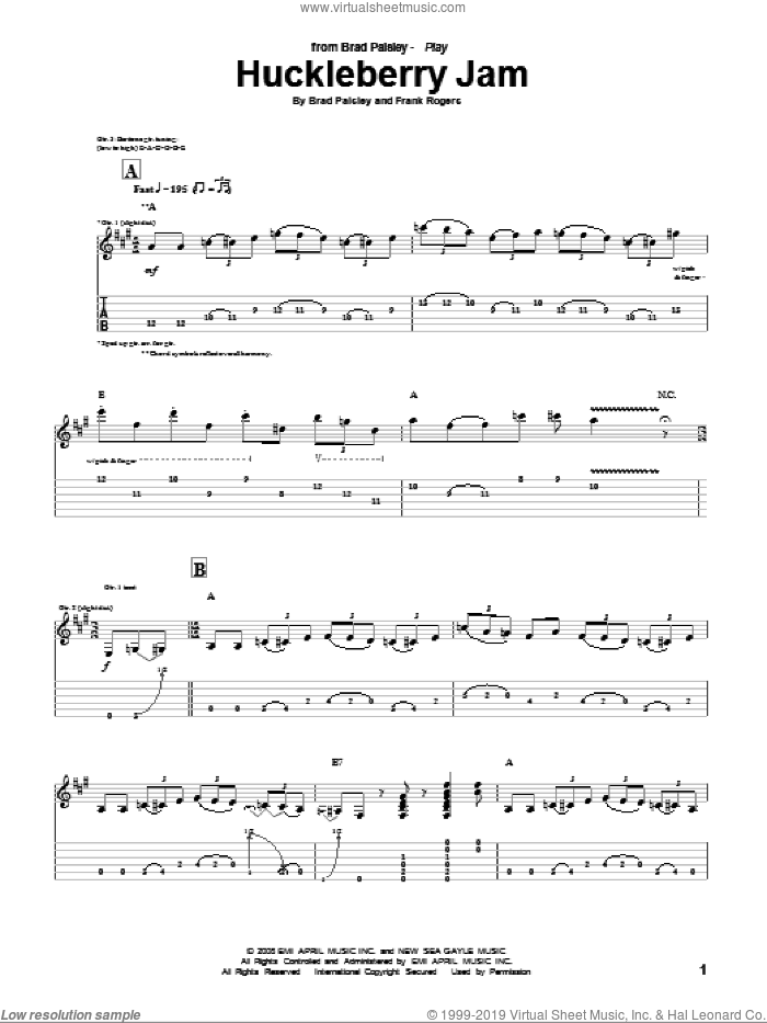 Huckleberry Jam sheet music for guitar (tablature) by Brad Paisley and Frank Rogers, intermediate skill level