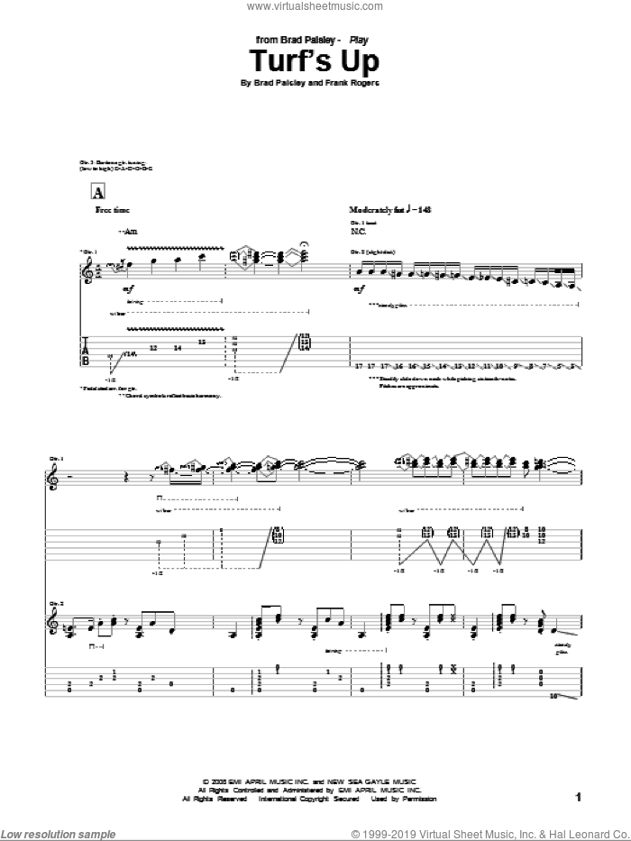 Turf's Up sheet music for guitar (tablature) by Brad Paisley and Frank Rogers, intermediate skill level