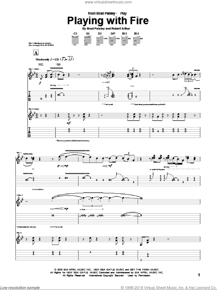 Playing With Fire sheet music for guitar (tablature) by Brad Paisley and Robert Arthur, intermediate skill level