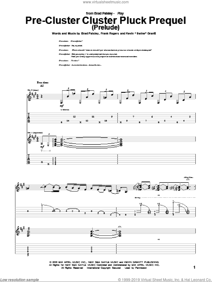 Pre-Cluster Cluster Pluck Prequel (Prelude) sheet music for guitar (tablature) by Brad Paisley, Frank Rogers and Kevin 'Swine' Grantt, intermediate skill level