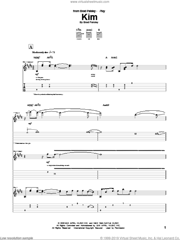 Kim sheet music for guitar (tablature) by Brad Paisley, intermediate skill level