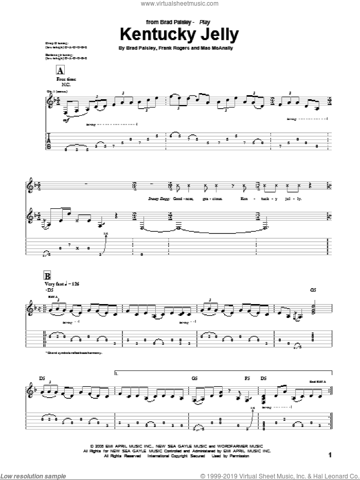 Kentucky Jelly sheet music for guitar (tablature) by Brad Paisley, Frank Rogers and Mac McAnally, intermediate skill level