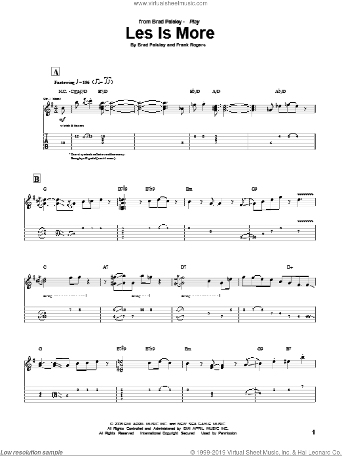 Les Is More sheet music for guitar (tablature) by Brad Paisley and Frank Rogers, intermediate skill level