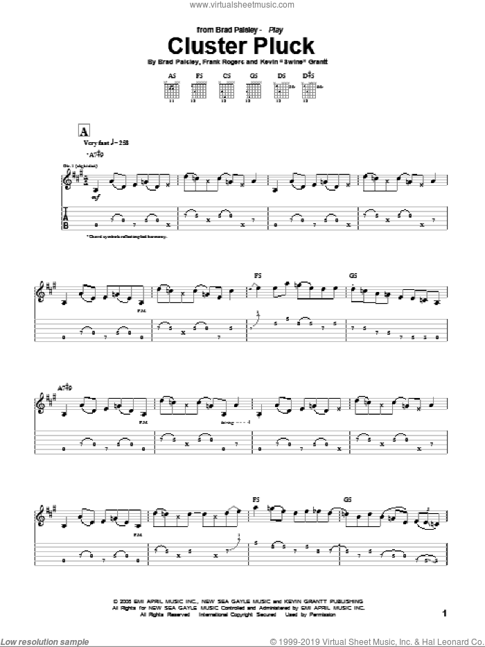 Cluster Pluck sheet music for guitar (tablature) by Brad Paisley, Frank Rogers and Kevin 'Swine' Grantt, intermediate skill level
