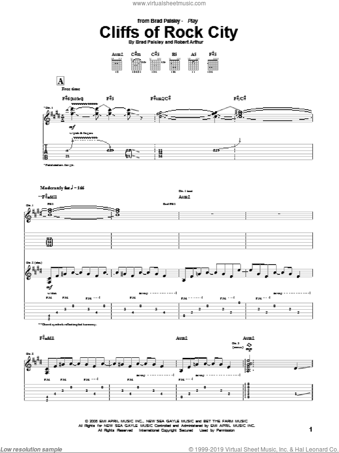 Cliffs Of Rock City sheet music for guitar (tablature) by Brad Paisley and Robert Arthur, intermediate skill level