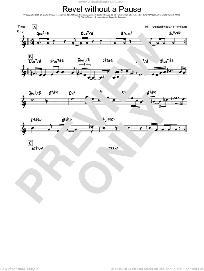 Revel Without A Pause sheet music for tenor saxophone solo by Bill Bruford and Steve Hamilton, intermediate skill level