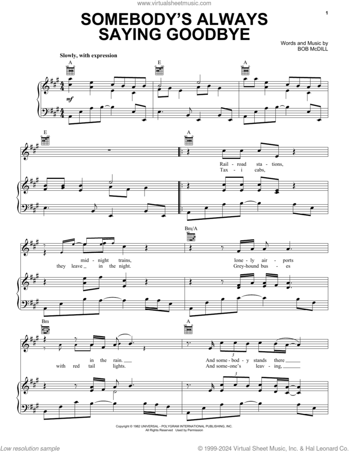 Somebody's Always Saying Goodbye sheet music for voice, piano or guitar by Anne Murray and Bob McDill, intermediate skill level