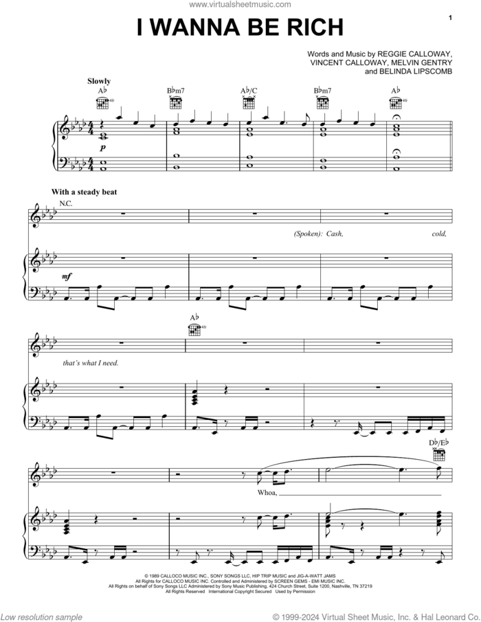I Wanna Be Rich sheet music for voice, piano or guitar by Calloway, Belinda Lipscomb, Melvin Gentry, Reggie Calloway and Vincent Calloway, intermediate skill level