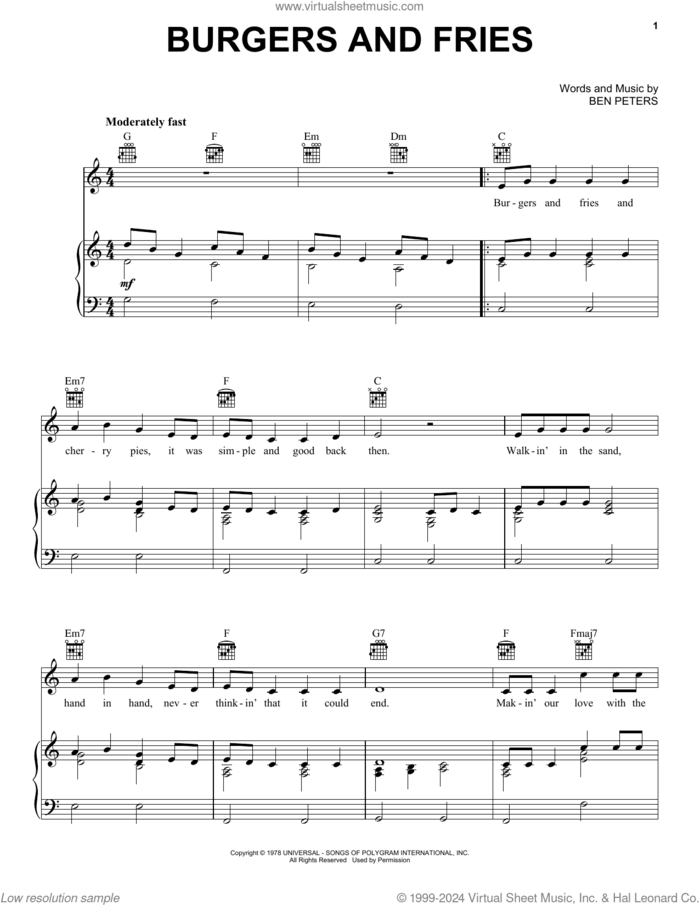 Burgers And Fries sheet music for voice, piano or guitar by Charley Pride and Ben Peters, intermediate skill level