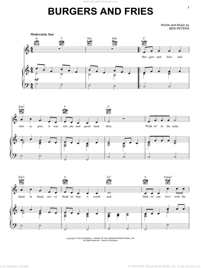 Burgers And Fries sheet music for voice, piano or guitar by Charley Pride and Ben Peters, intermediate skill level