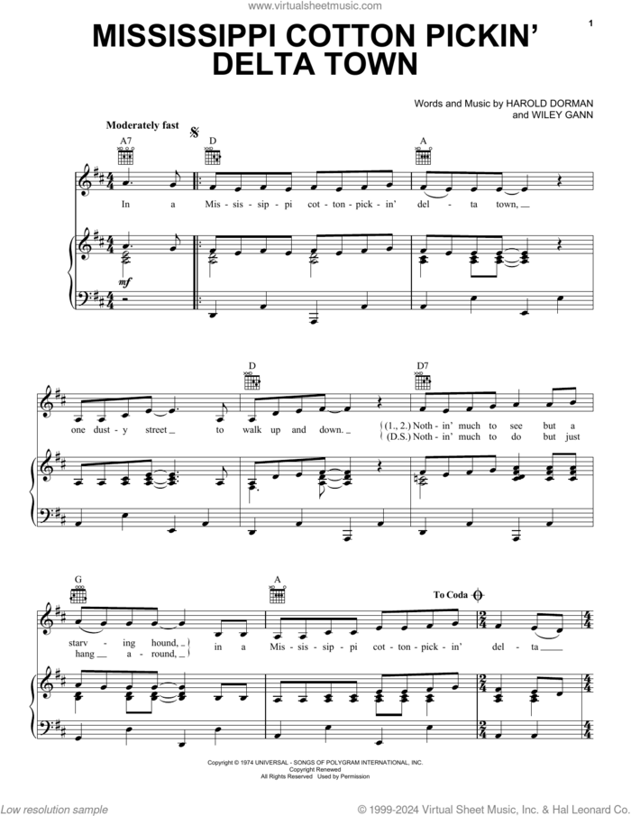 Mississippi Cotton Pickin' Delta Town sheet music for voice, piano or guitar by Charley Pride, Harold Dorman and Wiley Gann, intermediate skill level
