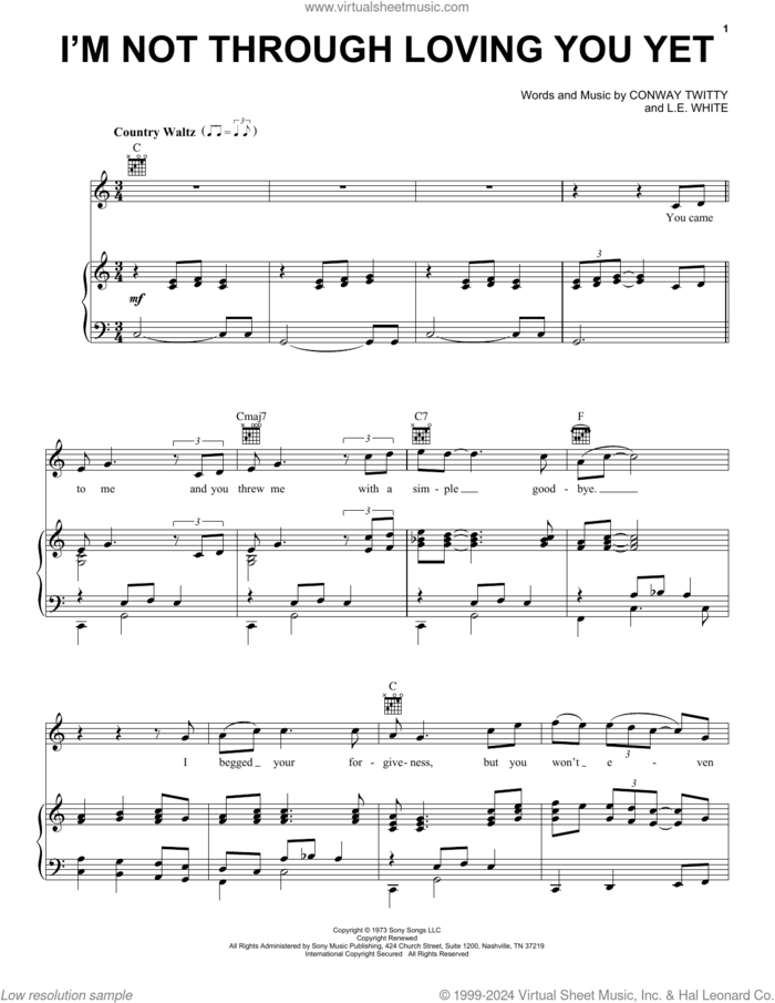 I'm Not Through Loving You Yet sheet music for voice, piano or guitar by Conway Twitty, Louise Mandrell and L.E. White, intermediate skill level