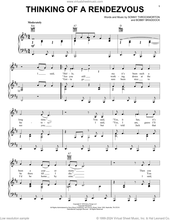 Thinking Of A Rendezvous sheet music for voice, piano or guitar by Johnny Duncan, Bobby Braddock and Sonny Throckmorton, intermediate skill level