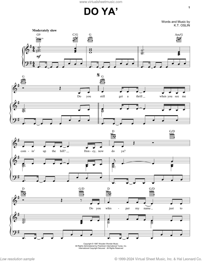 Do Ya' sheet music for voice, piano or guitar by K.T. Oslin, intermediate skill level