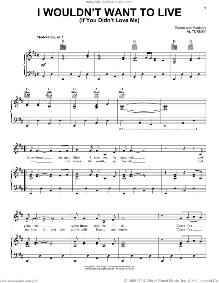 I Wouldn't Want To Live (If You Didn't Love Me) sheet music for voice, piano or guitar by Don Williams and Al Turney, intermediate skill level