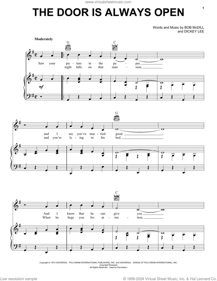 The Door Is Always Open sheet music for voice, piano or guitar by Dave and Sugar, Bob McDill and Dickey Lee, intermediate skill level