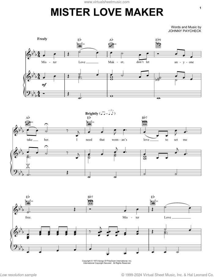Mister Love Maker sheet music for voice, piano or guitar by Johnny Paycheck, intermediate skill level