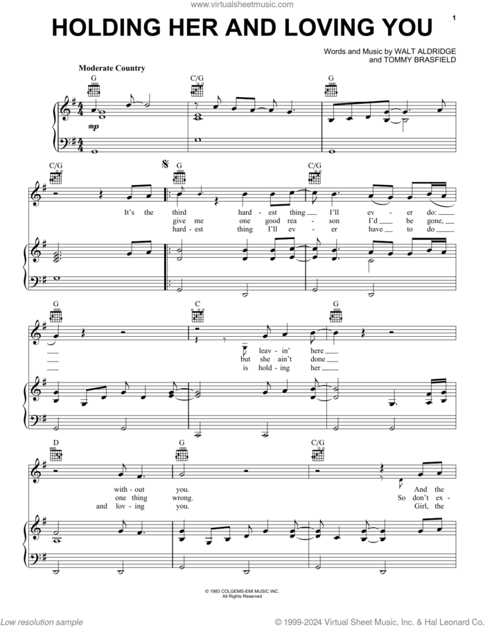 Holding Her And Loving You sheet music for voice, piano or guitar by Earl Thomas Conley, Tommy Brasfield and Walt Aldridge, intermediate skill level
