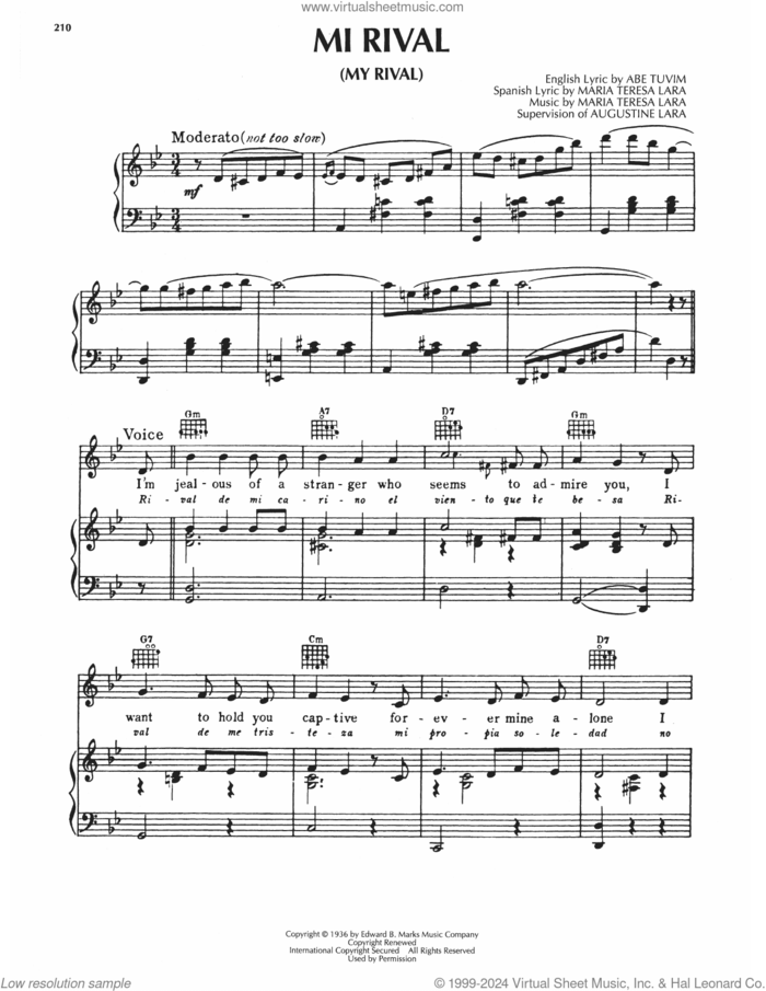 Mi Rival sheet music for voice, piano or guitar by Placido Domingo and Maria Teresa Lara, intermediate skill level