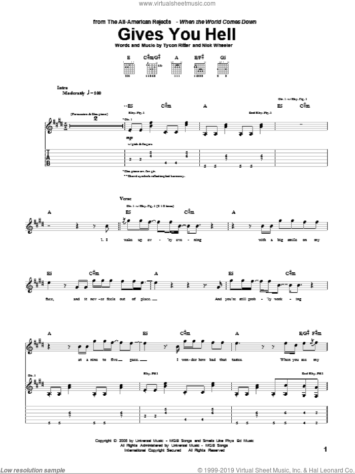 Gives You Hell sheet music for guitar (tablature) by The All-American Rejects, Nick Wheeler and Tyson Ritter, intermediate skill level