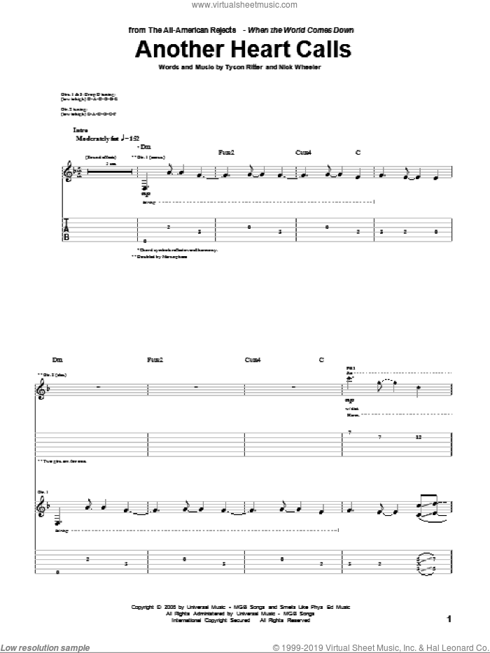 Another Heart Calls sheet music for guitar (tablature) by The All-American Rejects, Nick Wheeler and Tyson Ritter, intermediate skill level