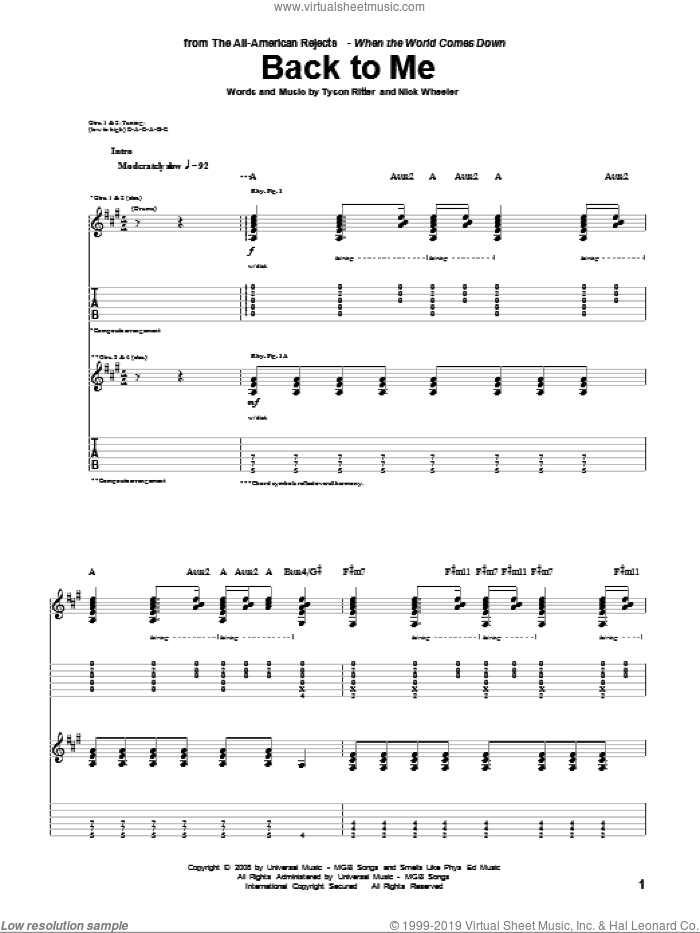 Back To Me sheet music for guitar (tablature) by The All-American Rejects, Nick Wheeler and Tyson Ritter, intermediate skill level