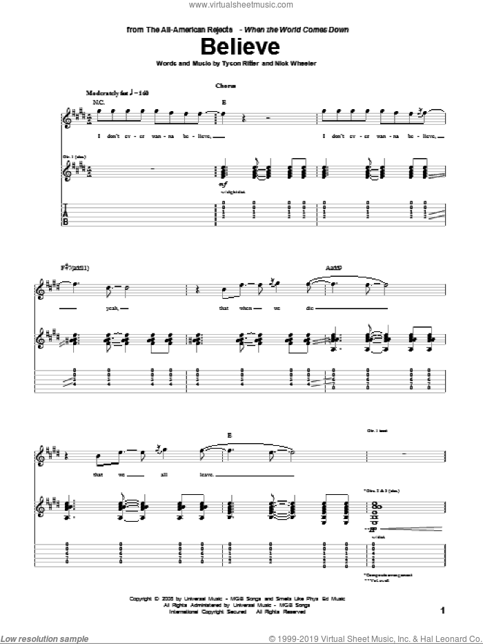 Believe sheet music for guitar (tablature) by The All-American Rejects, Nick Wheeler and Tyson Ritter, intermediate skill level
