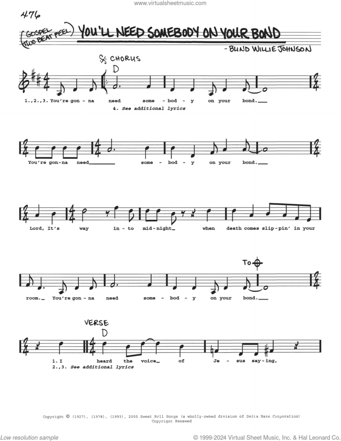 You'll Need Somebody On Your Bond sheet music for voice and other instruments (real book with lyrics) by Blind Willie Johnson, intermediate skill level