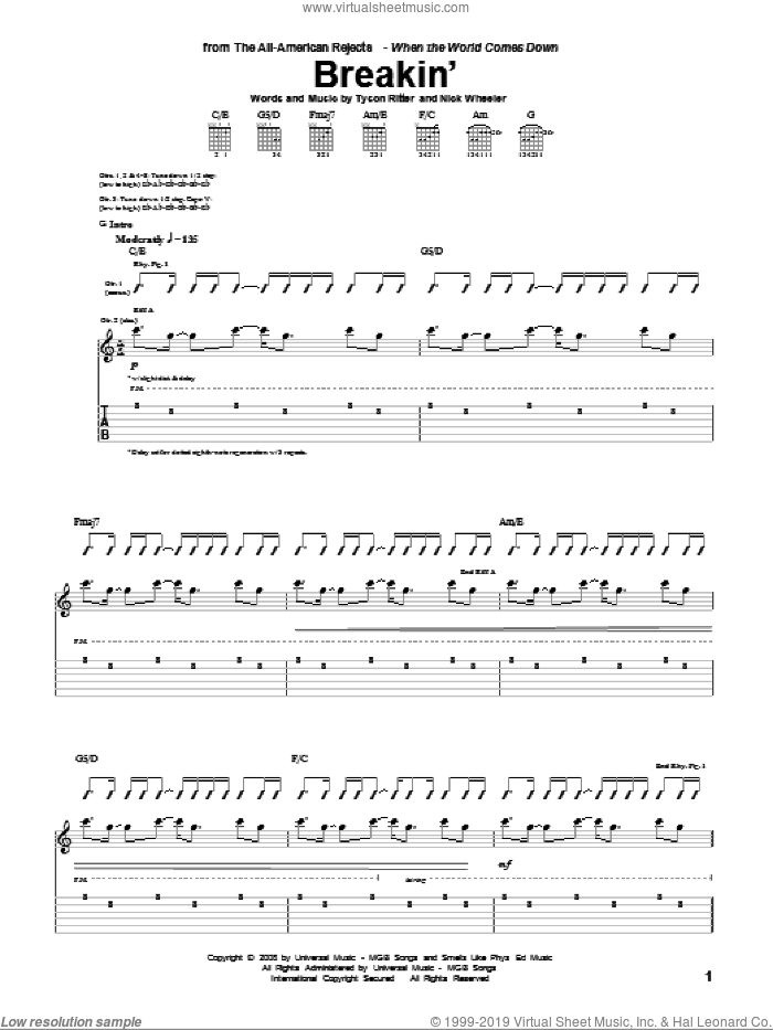 Breakin' sheet music for guitar (tablature) by The All-American Rejects, Nick Wheeler and Tyson Ritter, intermediate skill level