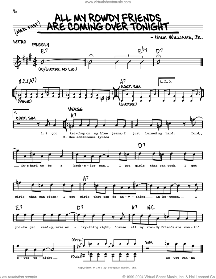 All My Rowdy Friends Are Coming Over Tonight sheet music for voice and other instruments (real book with lyrics) by Hank Williams, Jr., intermediate skill level