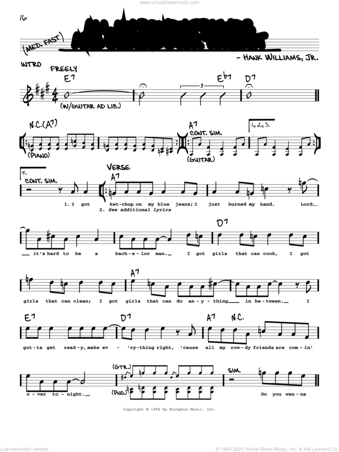 All My Rowdy Friends Are Coming Over Tonight sheet music for voice and other instruments (real book with lyrics) by Hank Williams, Jr., intermediate skill level