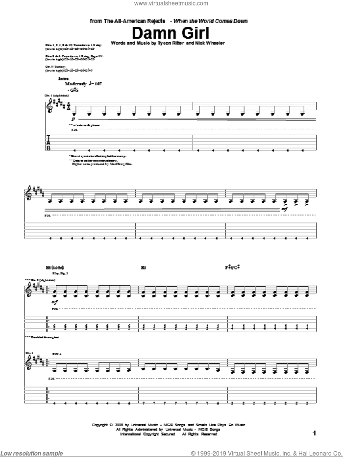 Damn Girl sheet music for guitar (tablature) by The All-American Rejects, Nick Wheeler and Tyson Ritter, intermediate skill level