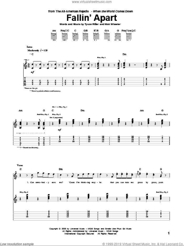 Fallin' Apart sheet music for guitar (tablature) by The All-American Rejects, Nick Wheeler and Tyson Ritter, intermediate skill level
