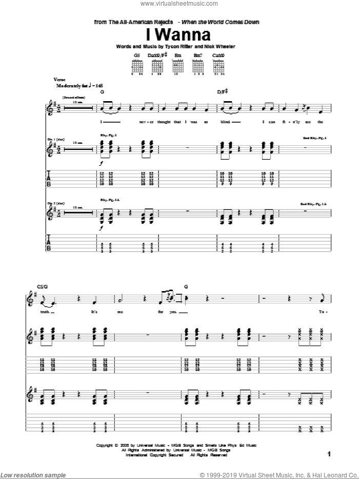 I Wanna sheet music for guitar (tablature) by The All-American Rejects, Nick Wheeler and Tyson Ritter, intermediate skill level