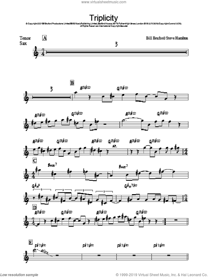 Triplicity sheet music for tenor saxophone solo by Bill Bruford, intermediate skill level