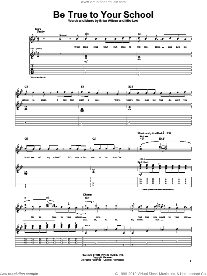 Be True To Your School sheet music for guitar (tablature) by The Beach Boys, Brian Wilson and Mike Love, intermediate skill level